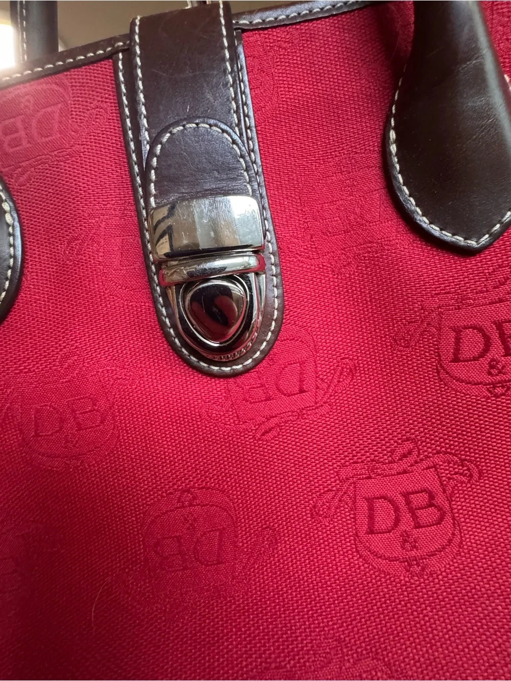 Dooney & Bourke Red Duffel with Brown Leather Trim